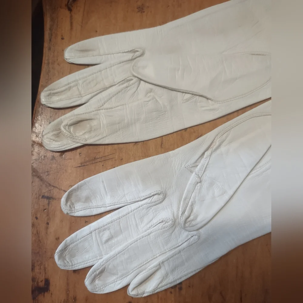 Sm Vintage Elegant White Leather Gloves Elbow Length